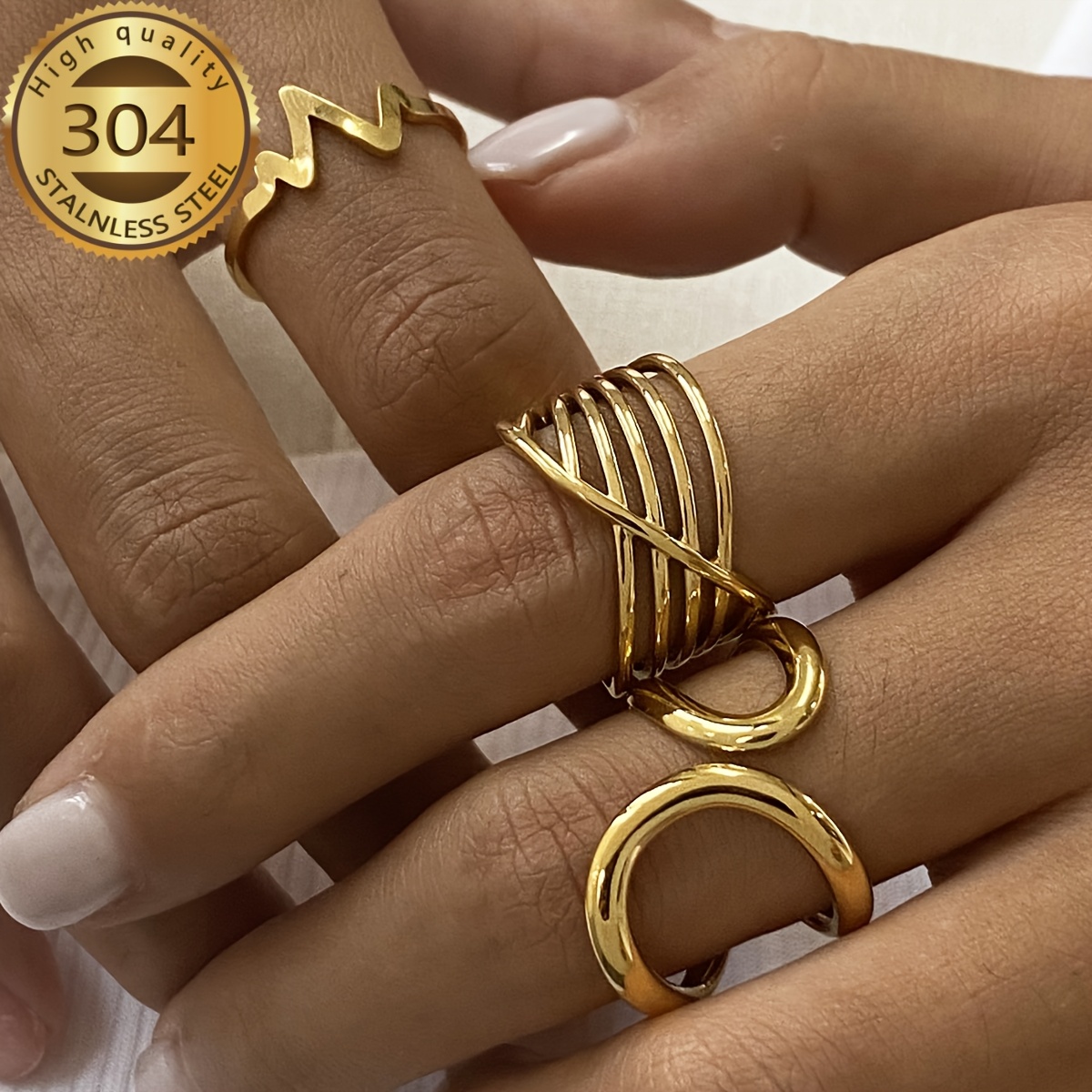 Stainless Steel Golden Plated Multi-Layer Open Ring