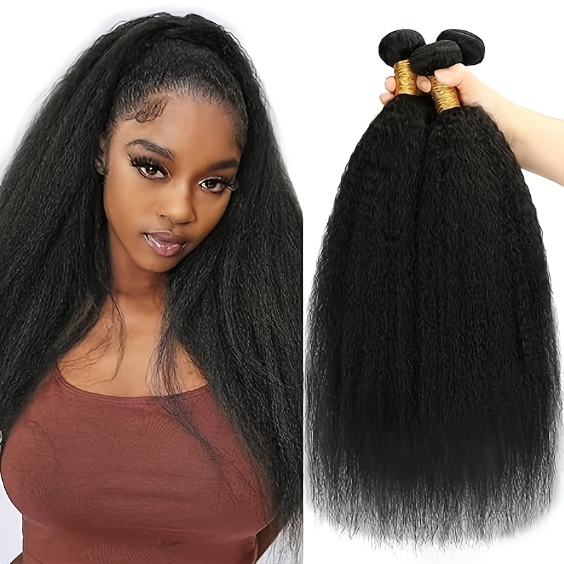 TEMU 3 Bundles Kinky Straight Synthetic Hair Bundles - Brazilian Straight Hair, Color, Kinky Texture For Dreadlock & Weave/extension Suitable For