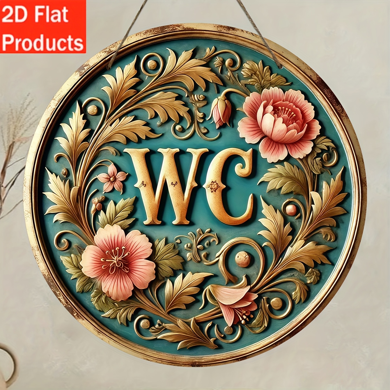 E-shop 2D Flat - 2D Ebene - Dekorative Plaketten und Ornamente, ein Vintage-Badezimmer-Schild aus Holz - Mit goldenen Buchstaben und einem floralen