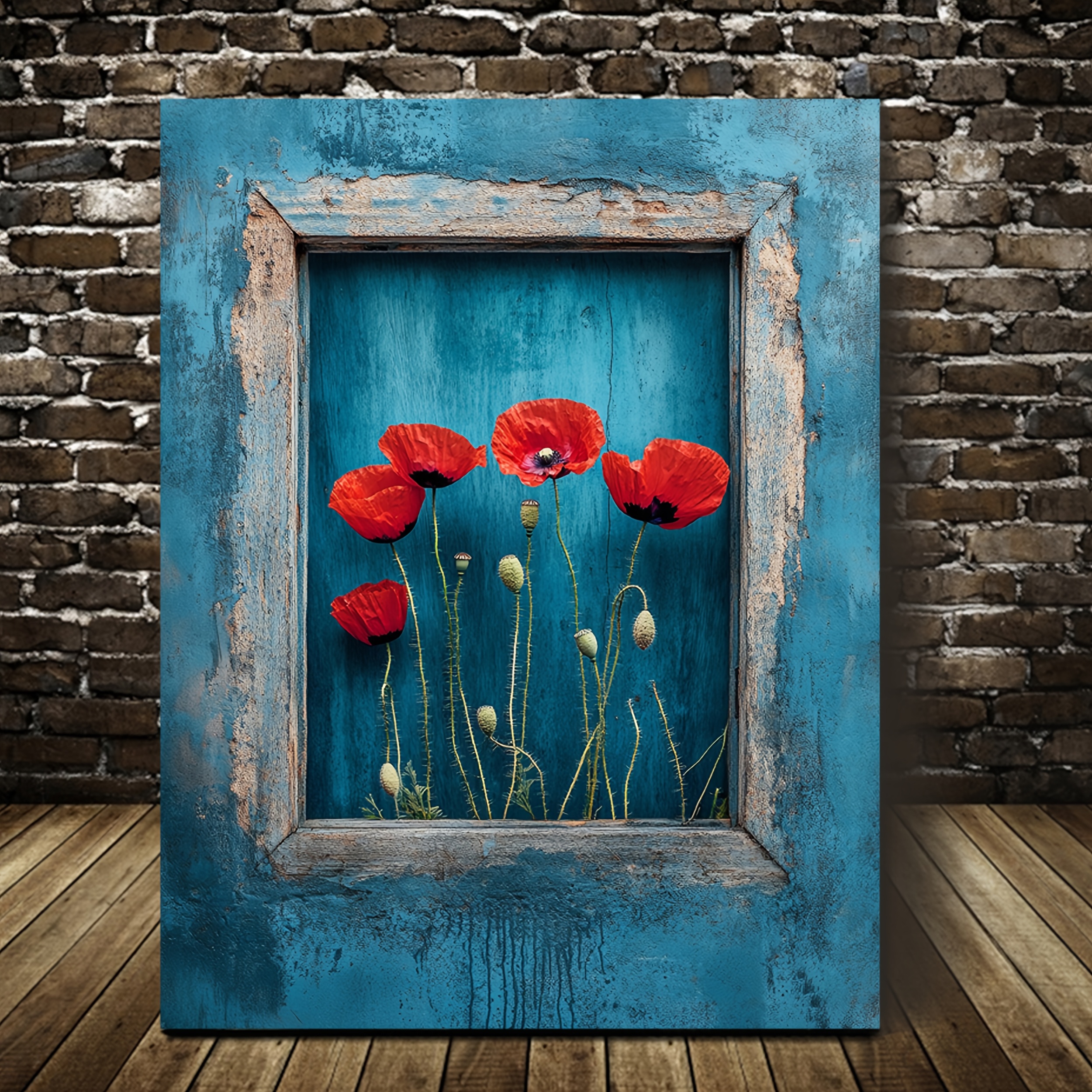 E-shop 1 Stück Lebendige Rote Mohnblumen-Leinwandbild mit rustikalem Kiefernholzrahmen - 11,8x15,7 Zoll Hintergrund Florales Gemälde, Naturnaher Deko