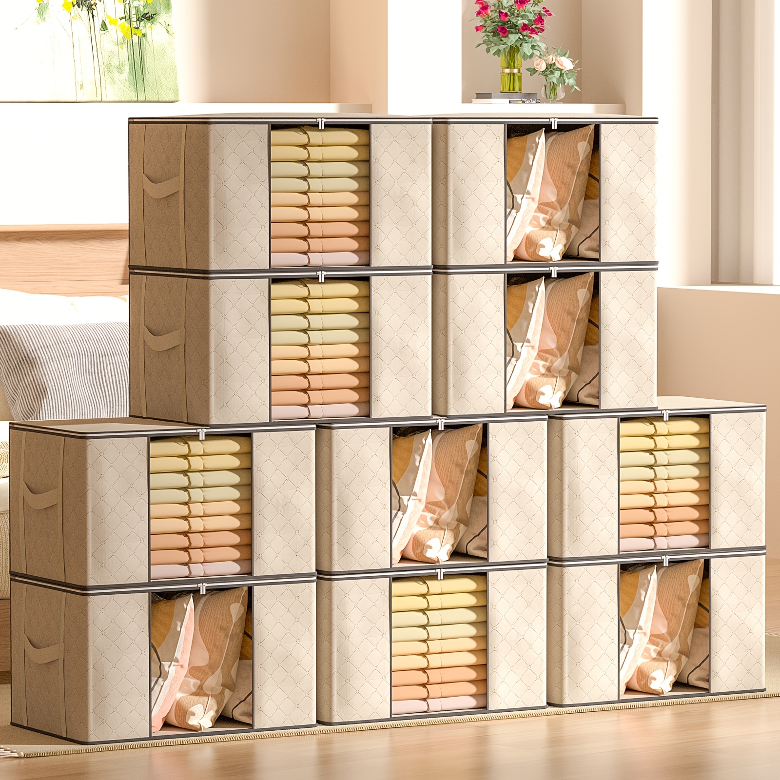 TEMU 90l Storage Bag 8pcs/10pcs Moving Boxes Storage Box With Lid Clothes Storage With Reinforced Handle Foldable Storage Boxes For Duvets Bedding