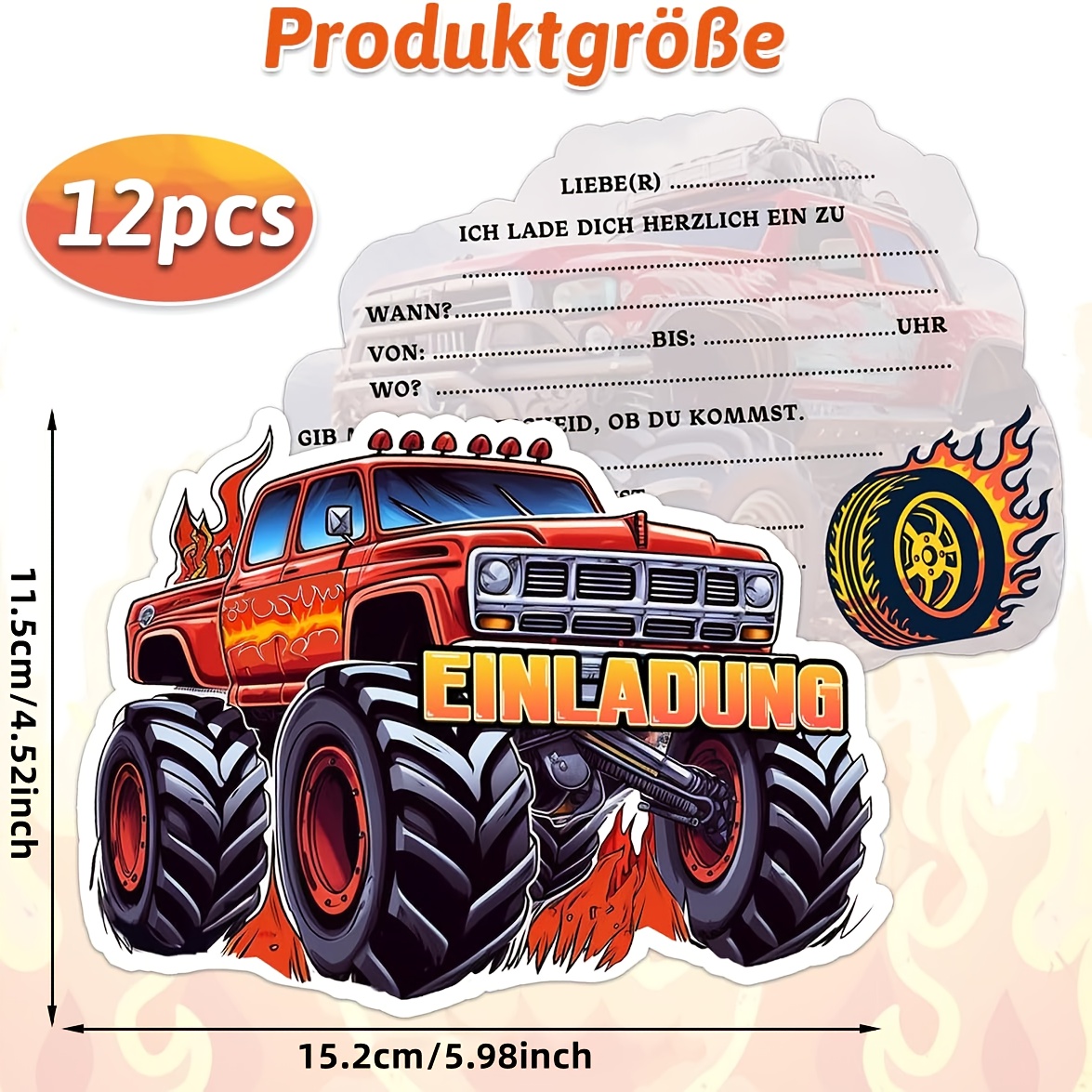 E-shop 12/24 Stück Deutsche Monster-Truck-Einladungskarten, Auto-Motto Party-Deko für Geburtstagsfeiern & Events | Festliche Kartonsätze mit Cartoon