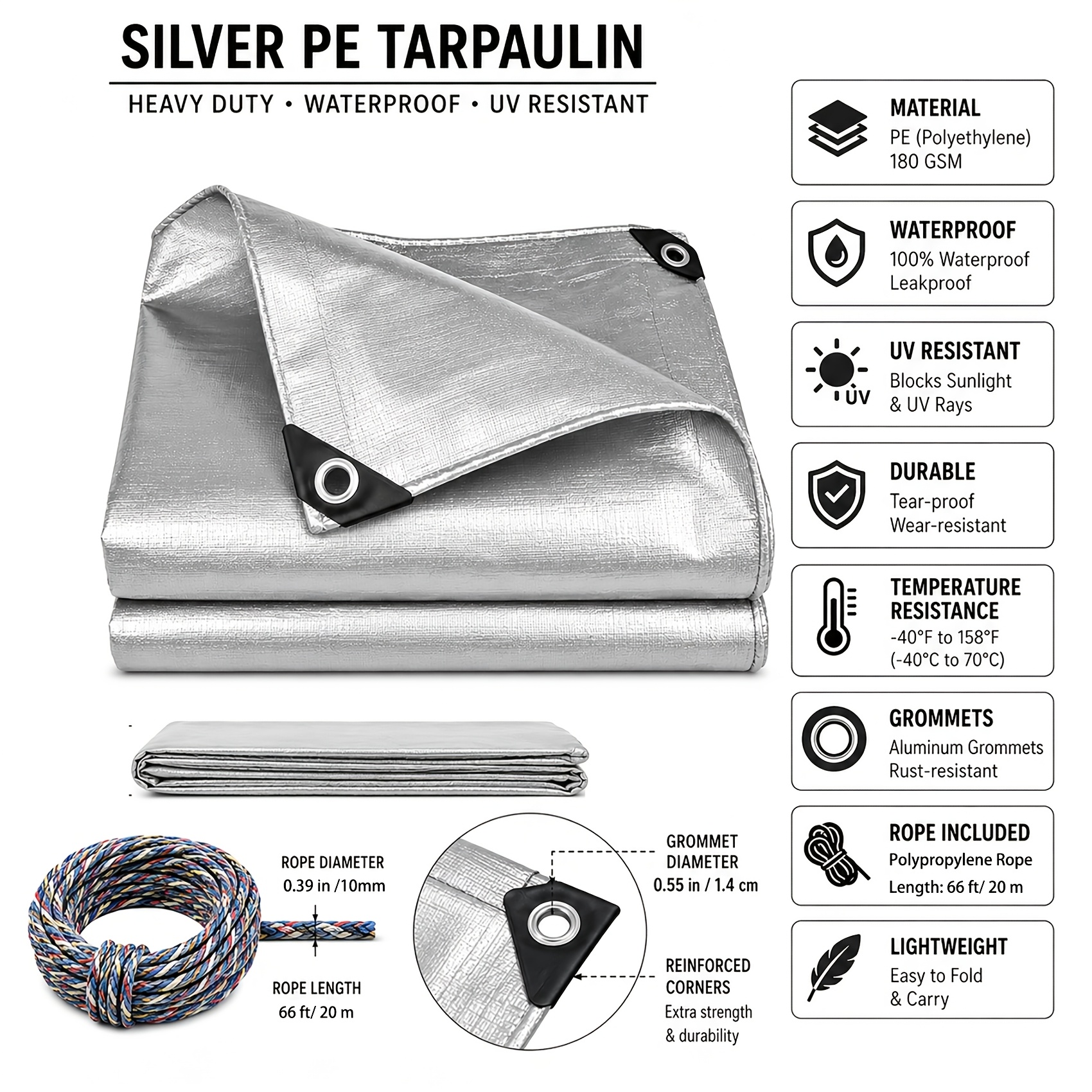 Image of 180 Gsm Polyethylene Tarpaulin, Sides Used, Waterproof And Uv-resistant Outdoor Protective Cover, Equipped With Ropes, Suitable For Vehicles, Gardens And Construction Sites