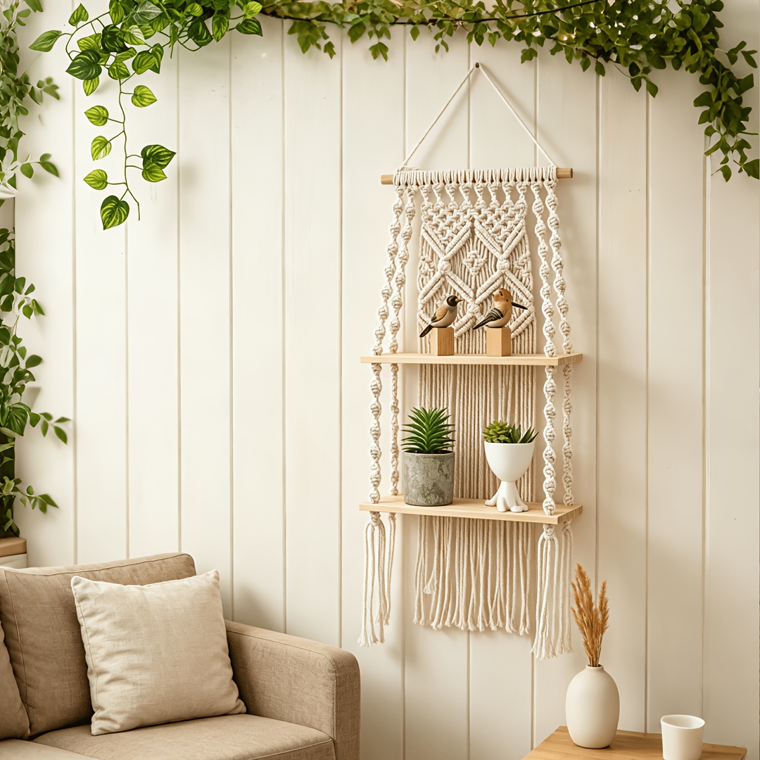 TEMU Woven Wall-mounted Rack, Handcrafted In A Bohemian Style, Wooden End Storage Shelf, Suitable For Bedroom And Bathroom Decor, Bohemian Wall Decoration, Floating Shelf