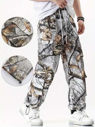 Eddie Domani Men's Casual Cargo Pants With Belt, Multi-Pocket Camo Pattern, Regular Fit Straight Leg