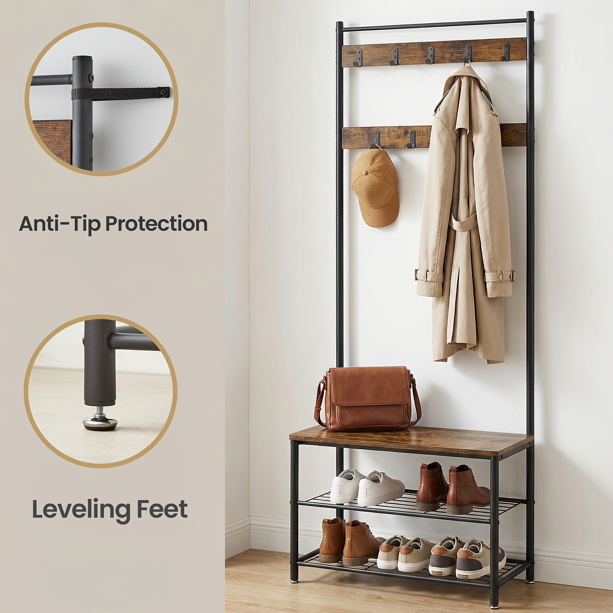 Multifunctional Clothes and Coat Rack with 8 Hooks and 3-Layer Shelf