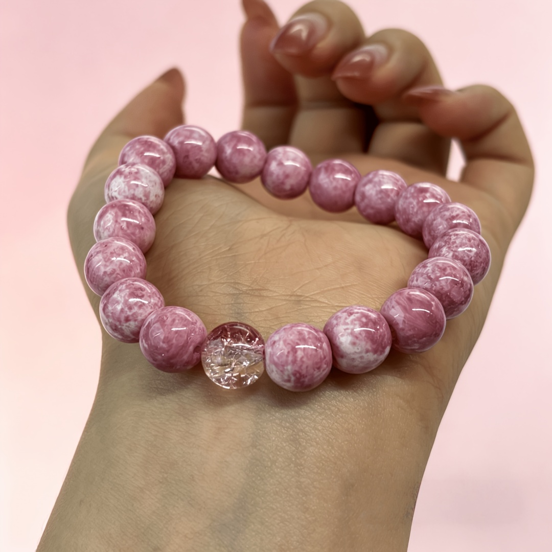 TEMU Dried Rose-colored Women's Bead Bracelet - 10mm Retro Bohemian Style Oil Painting Texture Round Beads, Ice-clear Cherry Pink Exploding Pattern