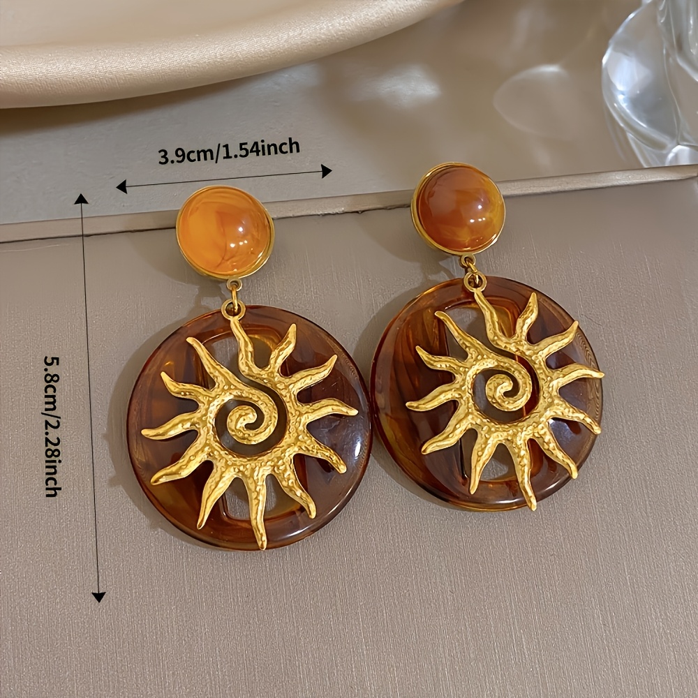 Vintage Amber Pendant Earrings, Women's Bohemian Sunflower Design