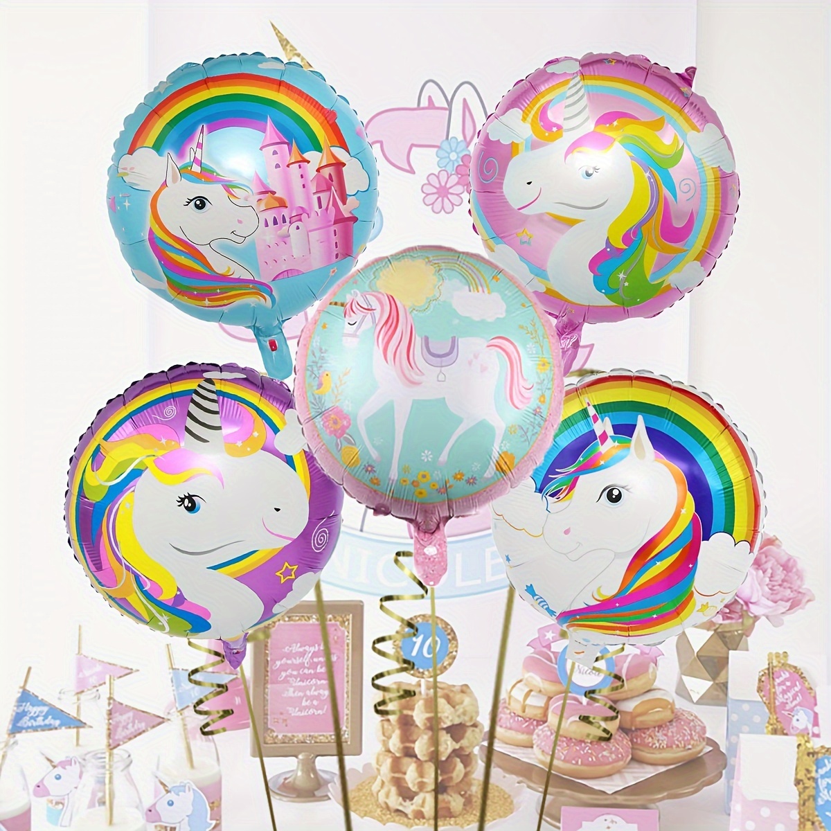 

7-piece & Rainbow Balloon Set - 18" Aluminum Foil, Reusable Cartoon Theme Party Decorations With Curling Ribbon For Birthdays & More