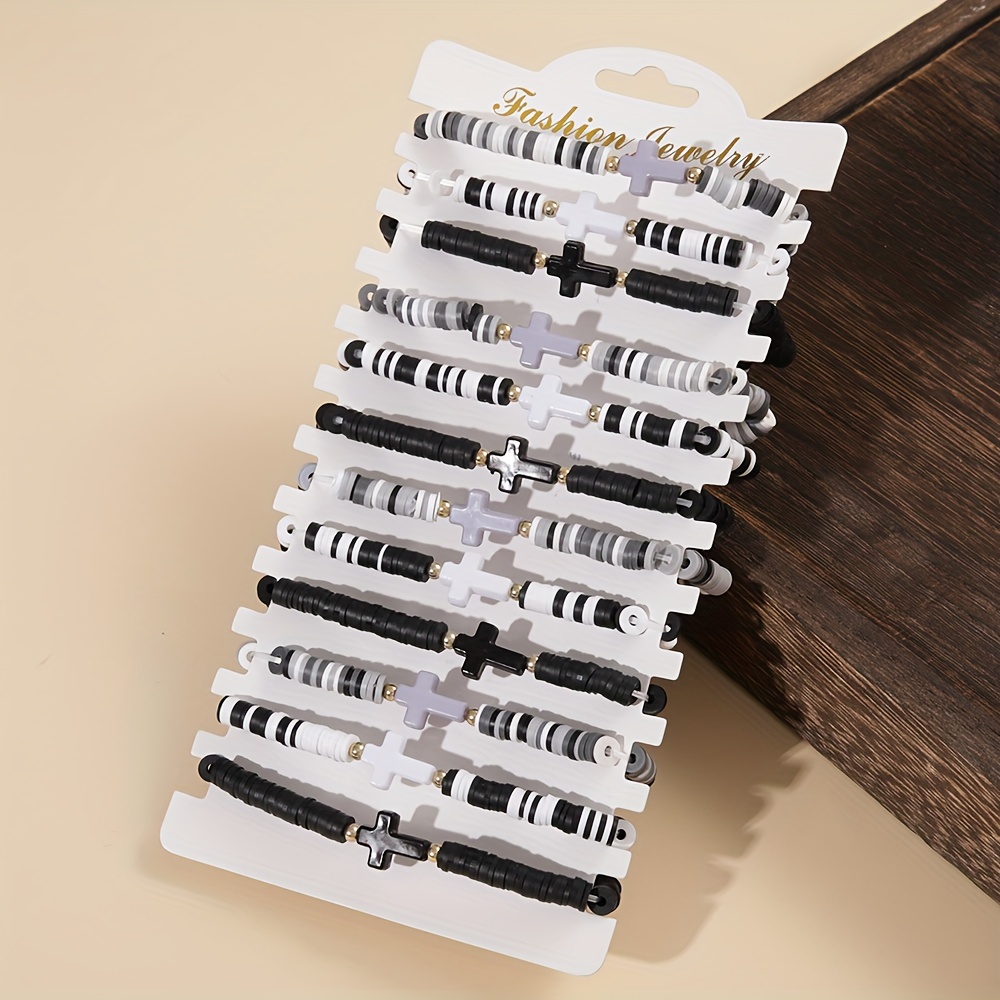 Image of 12pcs Black And White Cross Soft Clay Bracelet Set, Father's Day Gift Bracelet Large Set, Suitable For Daily Wear Or Festive Gift