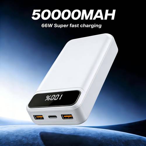 50000mah high power portable charger 66w rapid charging power bank featuring 2 usb and type c ports for quick bidirectional charging with a smart led display and power button ideal for travel camping and emergency charging for phones a