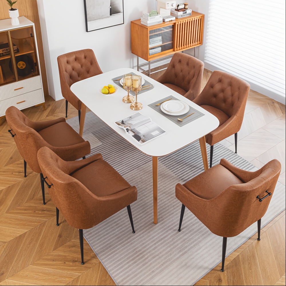 Image of 6pcs Mid Century Kitchen Dining Chairs With " Cushions And Black Metal Legs, Modern Dining Chairs, Upholstered Dining Chairs With Back Pull Rod For Kitchen, Living Room