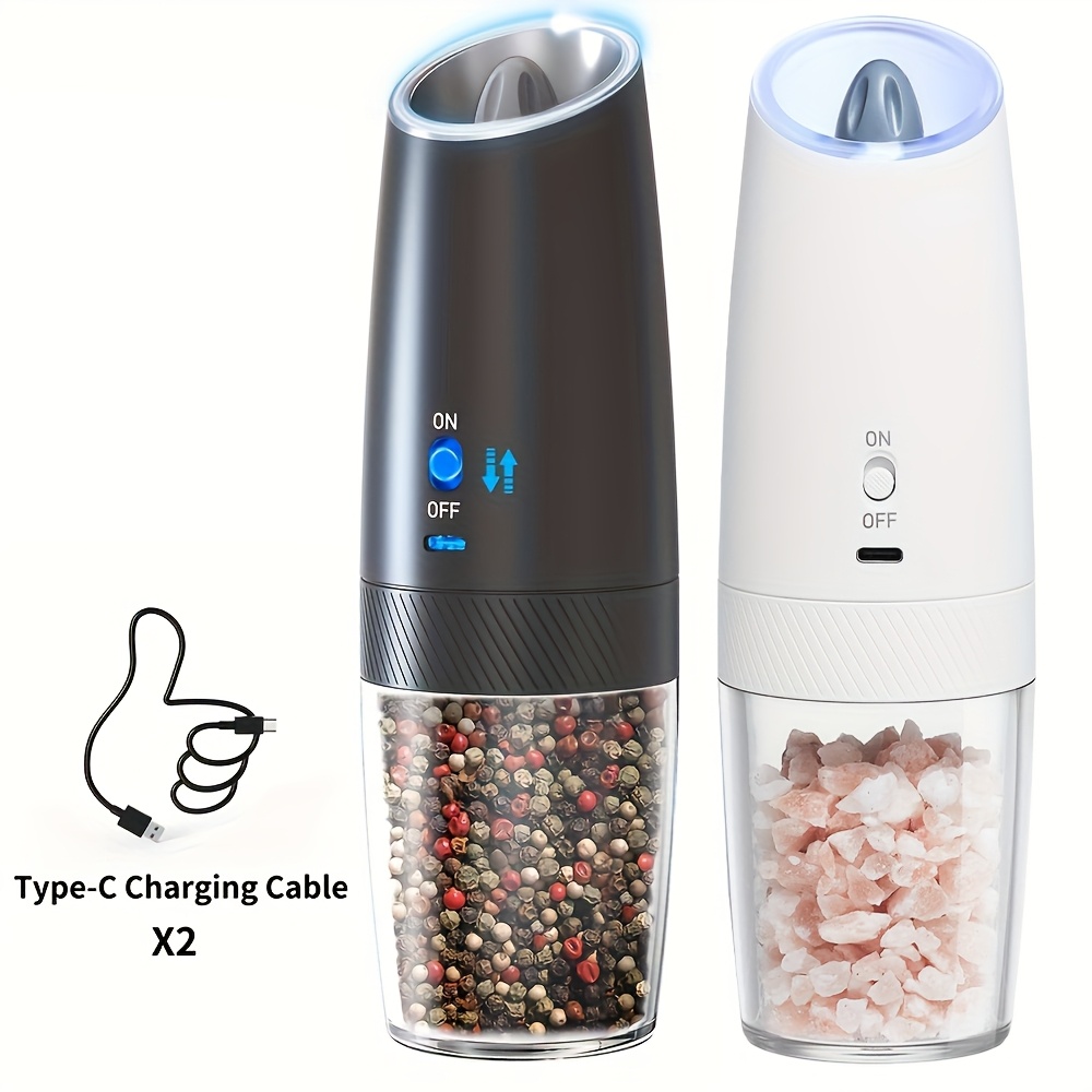 Image of 1pc And 2pcs Electric Salt And Pepper Grinders, Gravity-operated, Easy To Recharge, Equipped With Led Lights, Suitable For Home Use And Bbq, In And White And Black