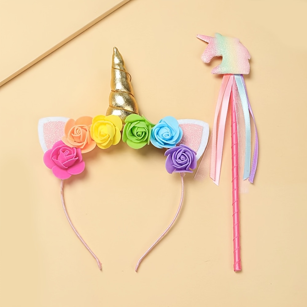 Image of Unicorn Magic Wand Rainbow Unicorn Hairband Flower Decor Golden Plush Ears Party Headwear Set