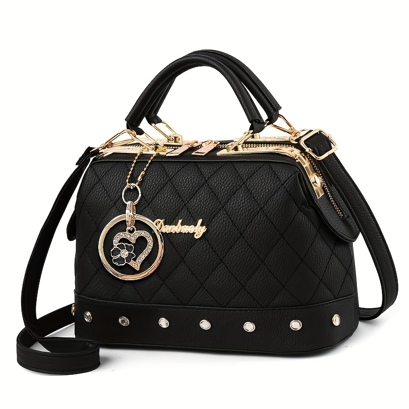 Black Quilted Boston Bag With And Adjustable Shoulder Strap - Elegant Heart-shaped Rhinestone Ornament, And Stylish Rivet Details