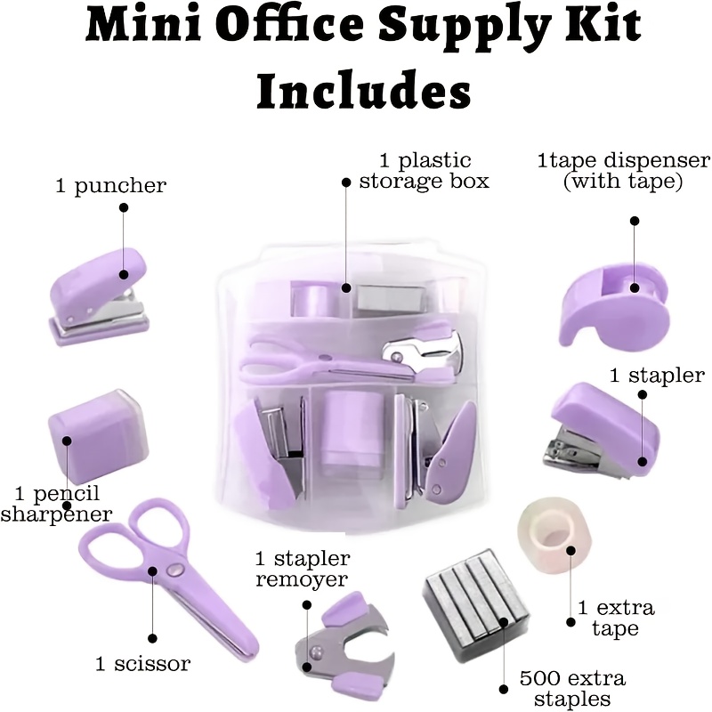 

Compact Office & School Kit - Portable Mini Stationery Set With Hole Punch, Staple Lifter, Tape Dispenser, Small Tape, Pencil Holder, Scissors, 500 #10 , 6/8pcs/box, Tape Holder