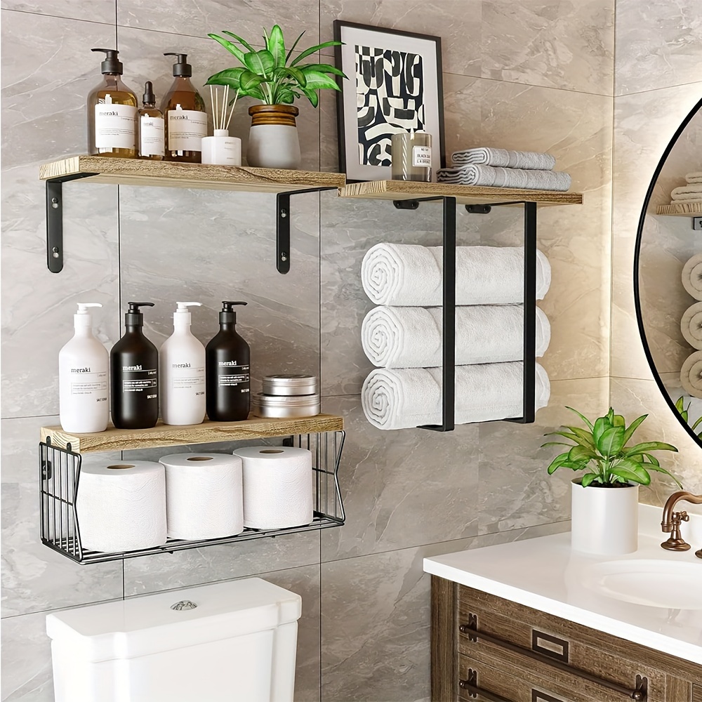 Set Modern White Natural Wood Floating Shelf with Storage Basket  Towel Rack Space-Saving Wall-Mounted Bathroom Organizer, Construction,
