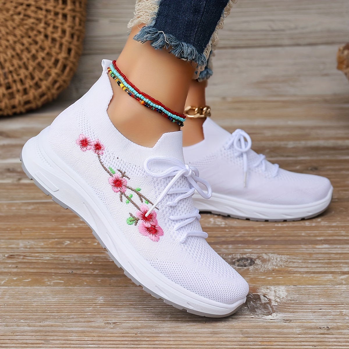 Trendy Flower Embroidered Soft Thick Sole Mesh Breathable Sneakers Shock Absorption Lightweight Running Shoes Casual Versatile Outdoor Sports Shoes