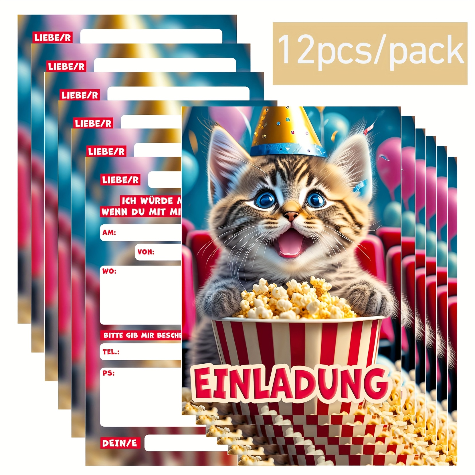 12pcs Birthday Invitation Card With Cute Cat Movie Theater The Perfect Invitation Card For A Movie Theater Or Movie Night