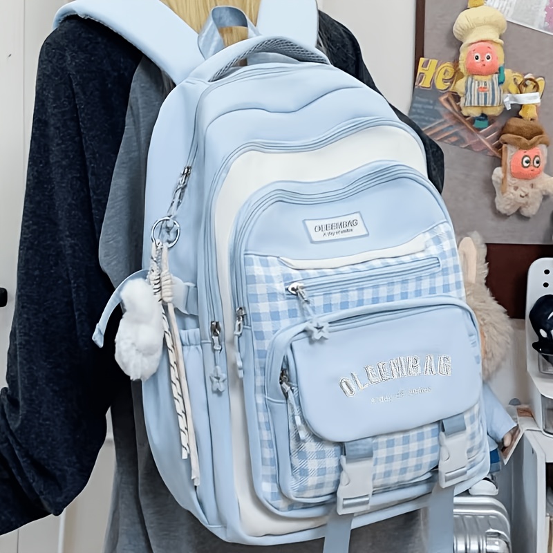 TEMU Mochila de a cuadros, diseño de gran capacidad con múltiples compartimentos, mochila casual de almacenamiento para a día, estilo versátil