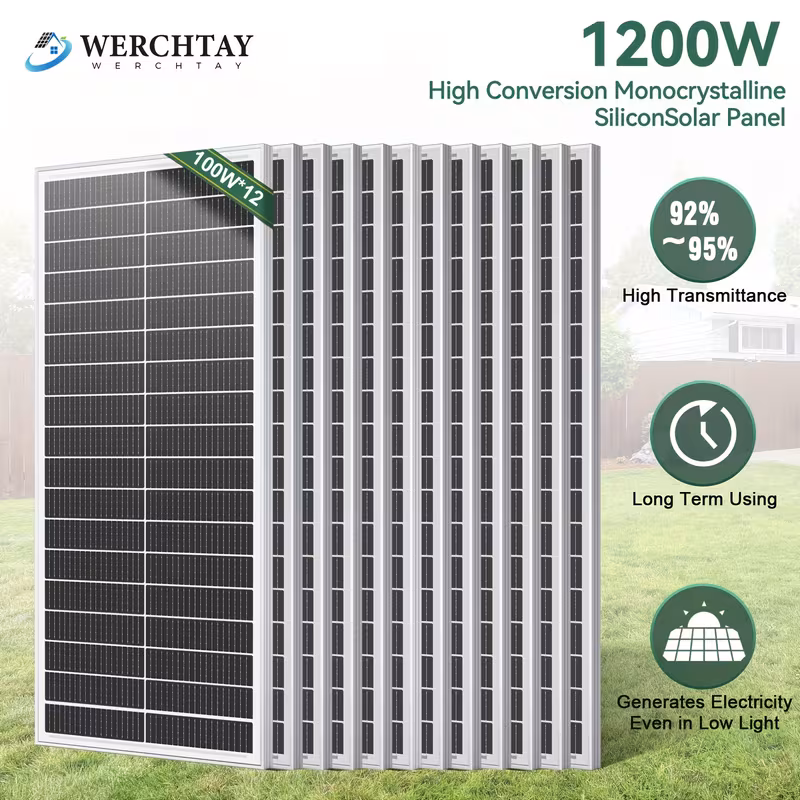 1200w high conversion monocrystalline solar panels 12pcs of 100w solar panels 24 high conversion monocrystalline technology solar panels suitable for rvs boats homes rooftops camping and other off grid Product details 0
