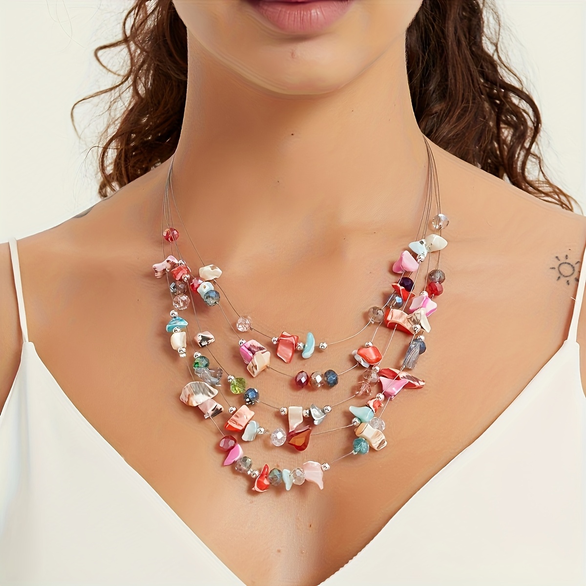 Image of Boho Colorful Resin Necklace | Ideal For Daily Wear And Vacation, Multicolor Beads Decorations Choker Necklace | Perfect Gift For Women