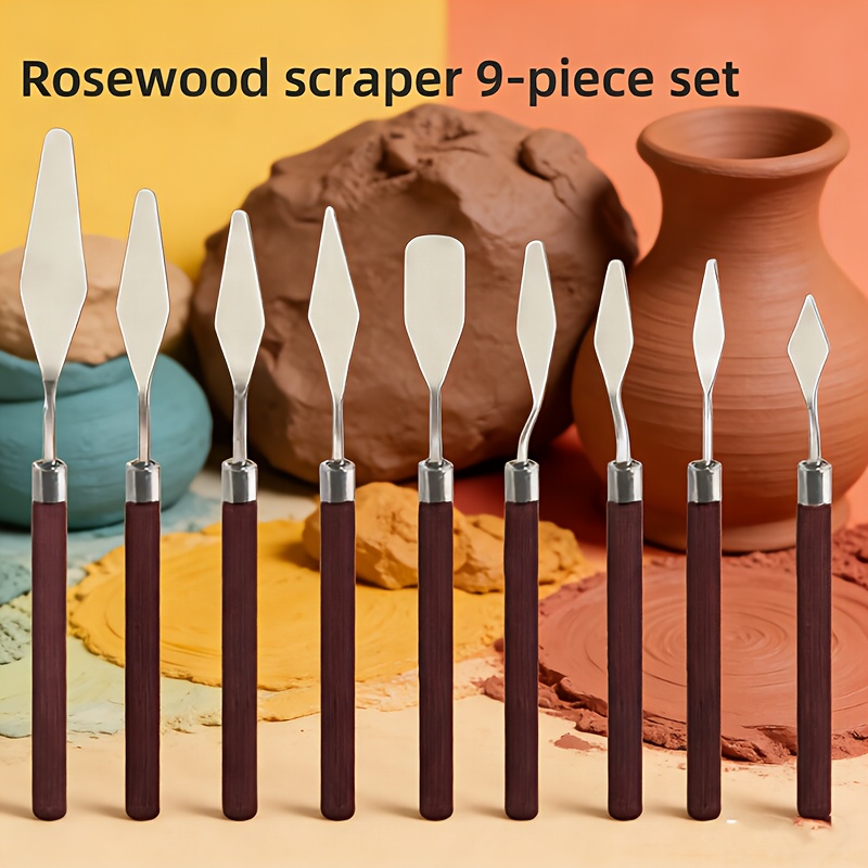 E-shop 9-teiliges Tonmodellier-Schaber-Set mit Rosenholzgriff – Töpferwerkzeuge zum Formen und Glätten