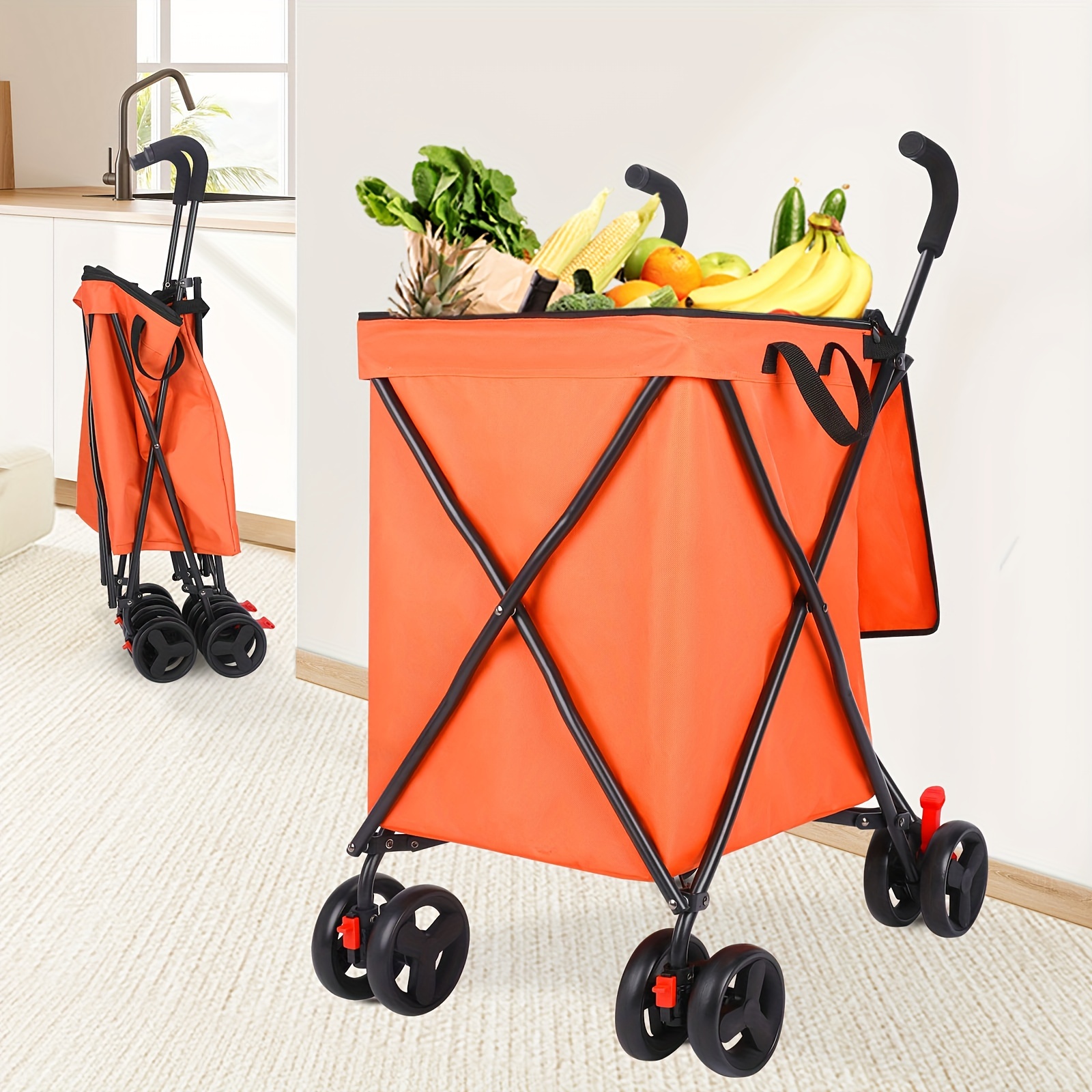 

Portable Folding Cart, Used For Supermarket Shopping Cart, Outdoor Play, Picnic, Groceries, Laundry, Hotel Cleaning, Dog Cart, Etc. - Orange