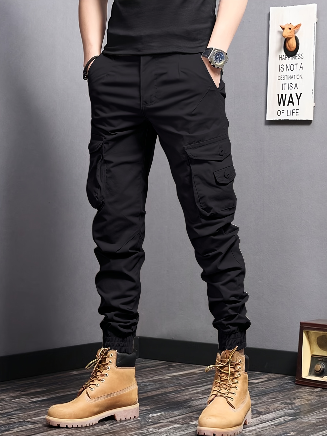 NEW VISION'' Tag Men's Cargo Pants With Flap Pockets, Loose Trendy  Overalls