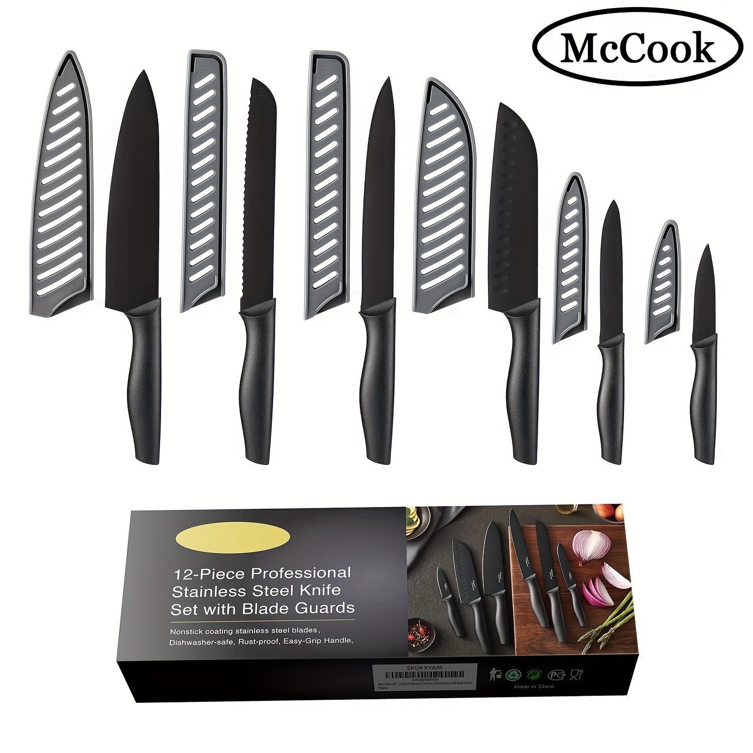 

6pcs/set, Mccook Tea38 Non-stick Coated High Carbon Stainless Steel Black Kitchen Knives Set With Sheath, Dishwasher Safe