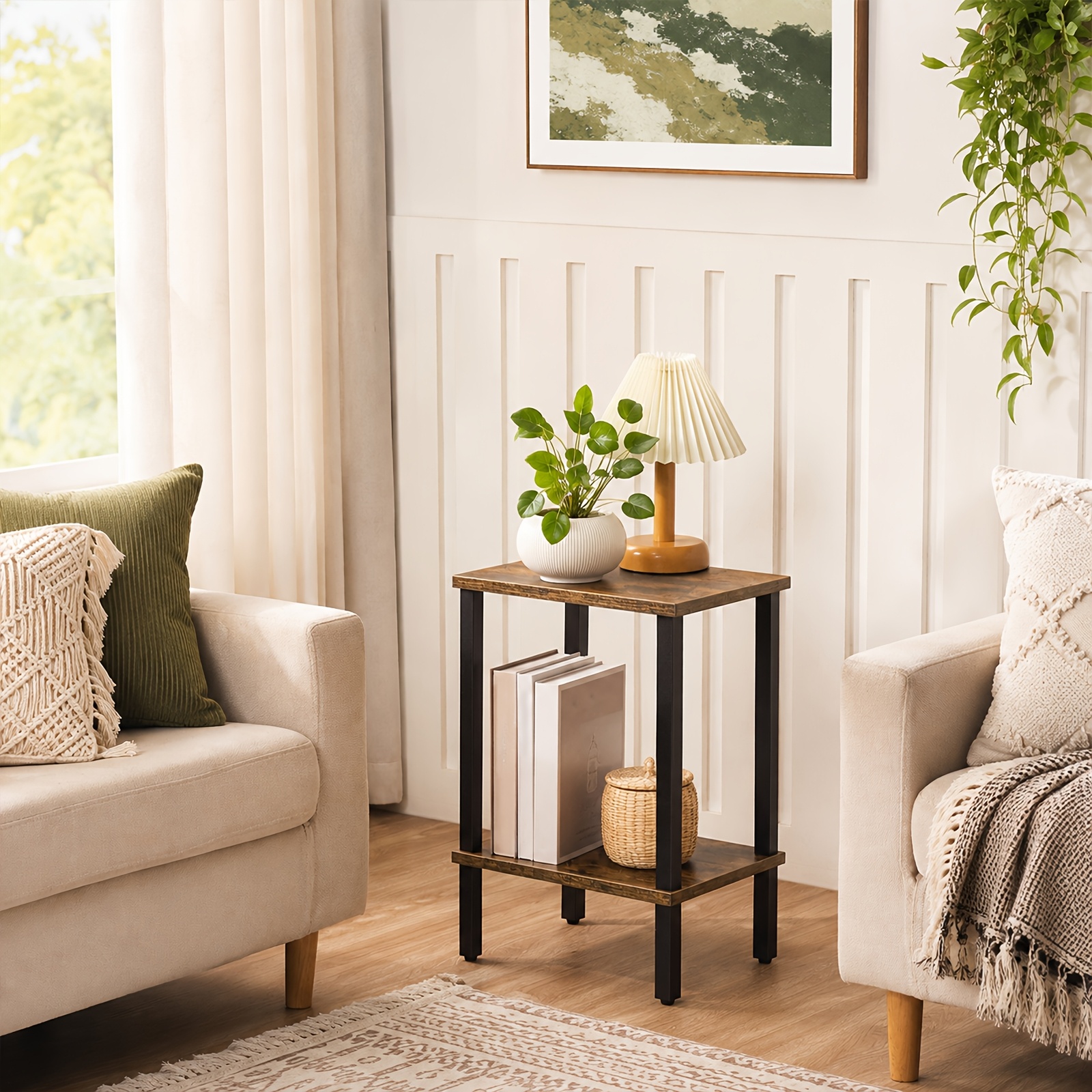 Image of Industrial Style Narrow Side Table, Side Table, Narrow Coffee Table, Double Bedside Table, Wooden Frame, And Black Combination, Suitable For Living Room, Bedroom And Office
