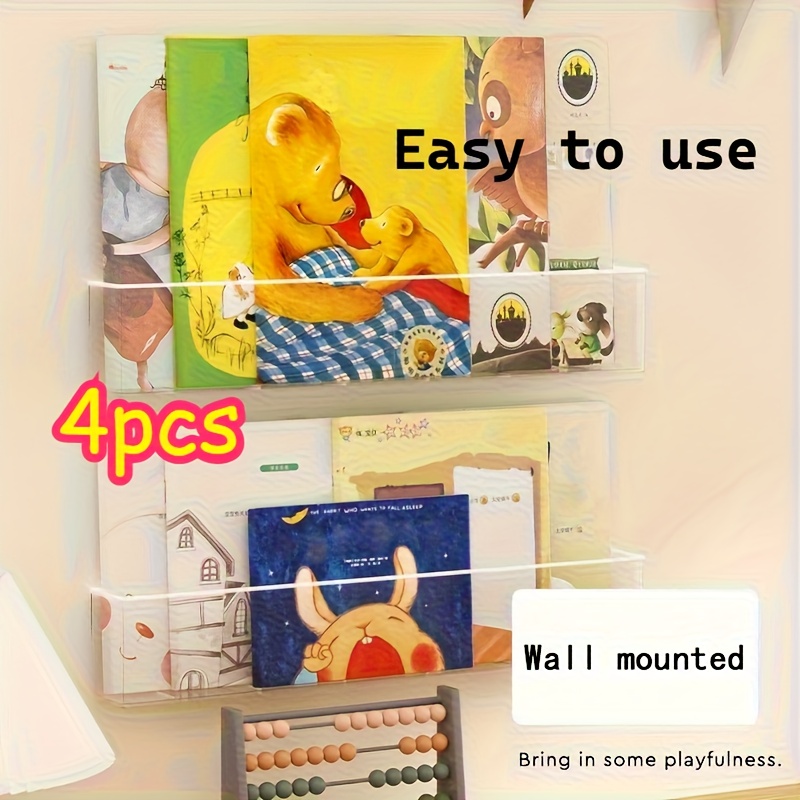 TEMU 4pcs Wall-mounted Transparent Bookshelf Set | Book Display Organizer | No-back Insert Book Rack | Suitable For Classroom/office/bedroom/desk