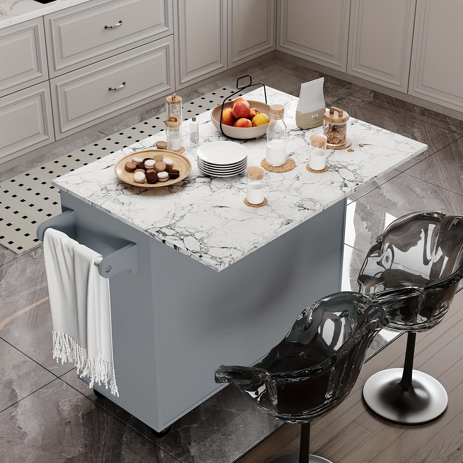 43 rolling kitchen island with drop leaf   tabletop gray hardwood cart on wheels with towel rack spice rack drawers cabinets portable storage solution for small kitchens kitchen organizers and storage home organization contemporary design   build apartment living