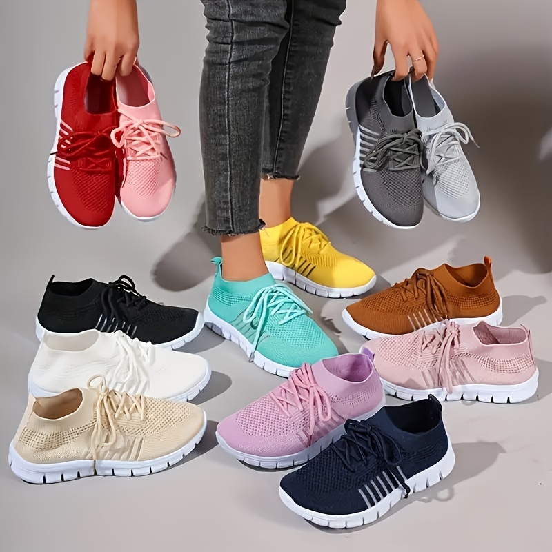 

Women's Solid Color Sneakers, Breathable Knit Lace Up Outdoor Shoes, Lightweight Low Top Sport Shoes