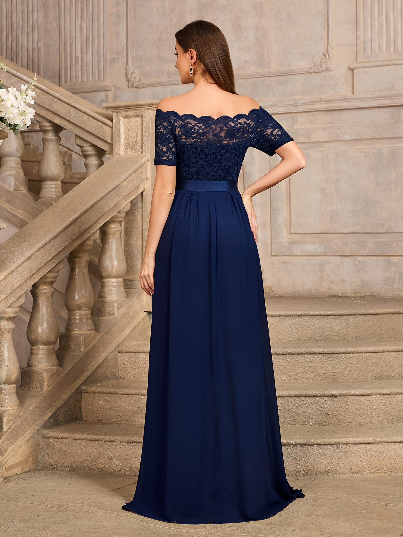 24449A Women'S Elegant Off-The-Shoulder Short-Sleeved Chiffon Slit Ruffle  Trim Wedding Party Dress