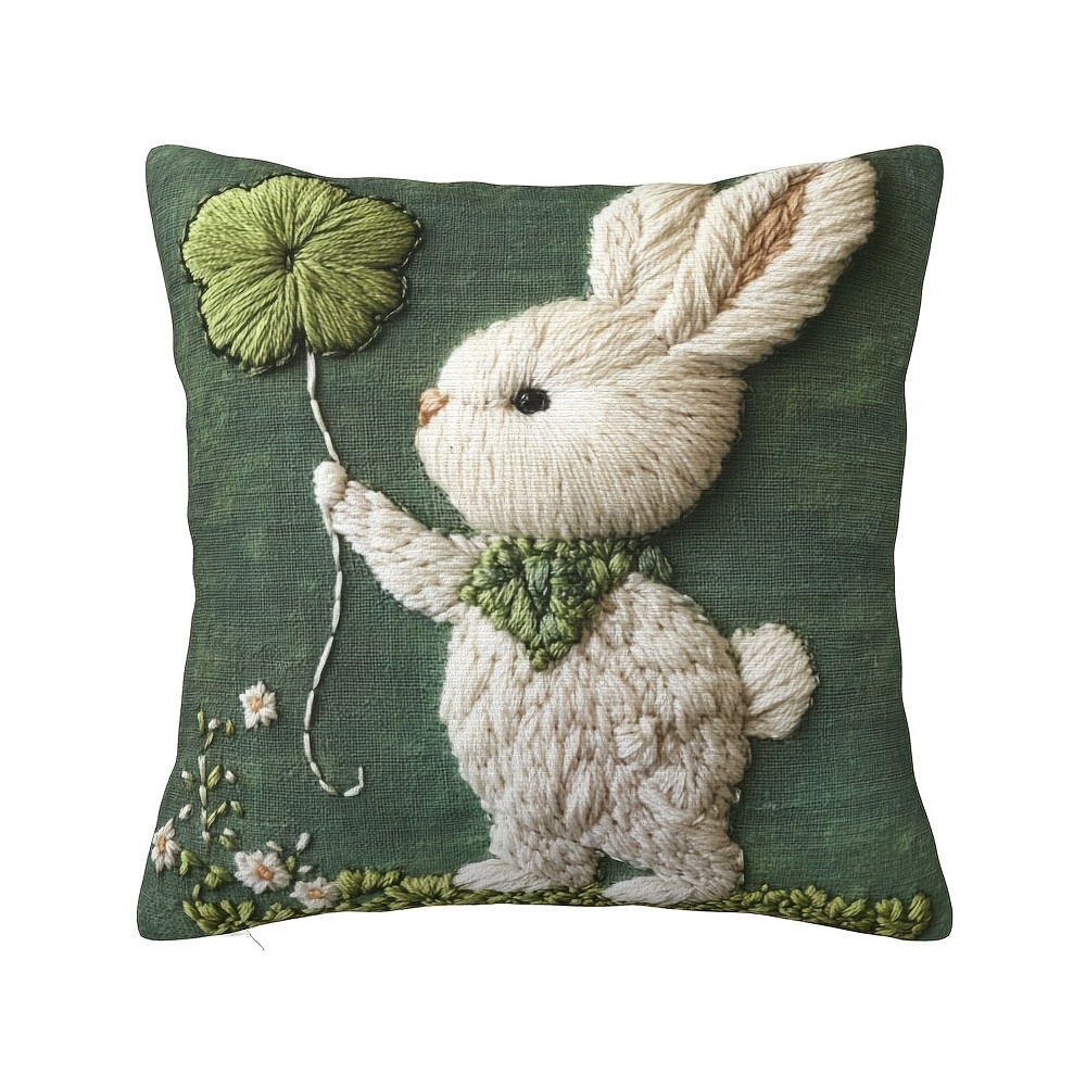 

1pc Throw Pillow Covers 18x18in, Green Rabbit With Clover Design Pillowcase, Decor Cushion Short Plush Soft Couch Throw Pillows For Living Room, Bedroom, Nursery