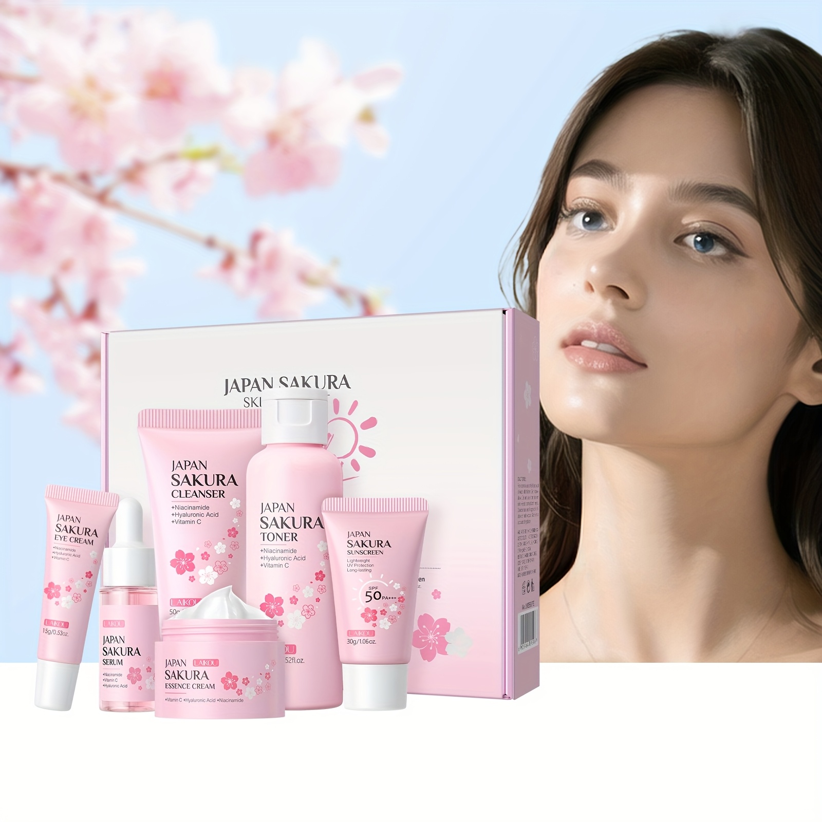LAIKOU Sakura Skincare 6pcs/Set, with Serum, Cleanser, Toner, Face Cream, Eye Cream, Day Night Moisturizer, Sun Cream, Contain Vitamin C & Niacinamide