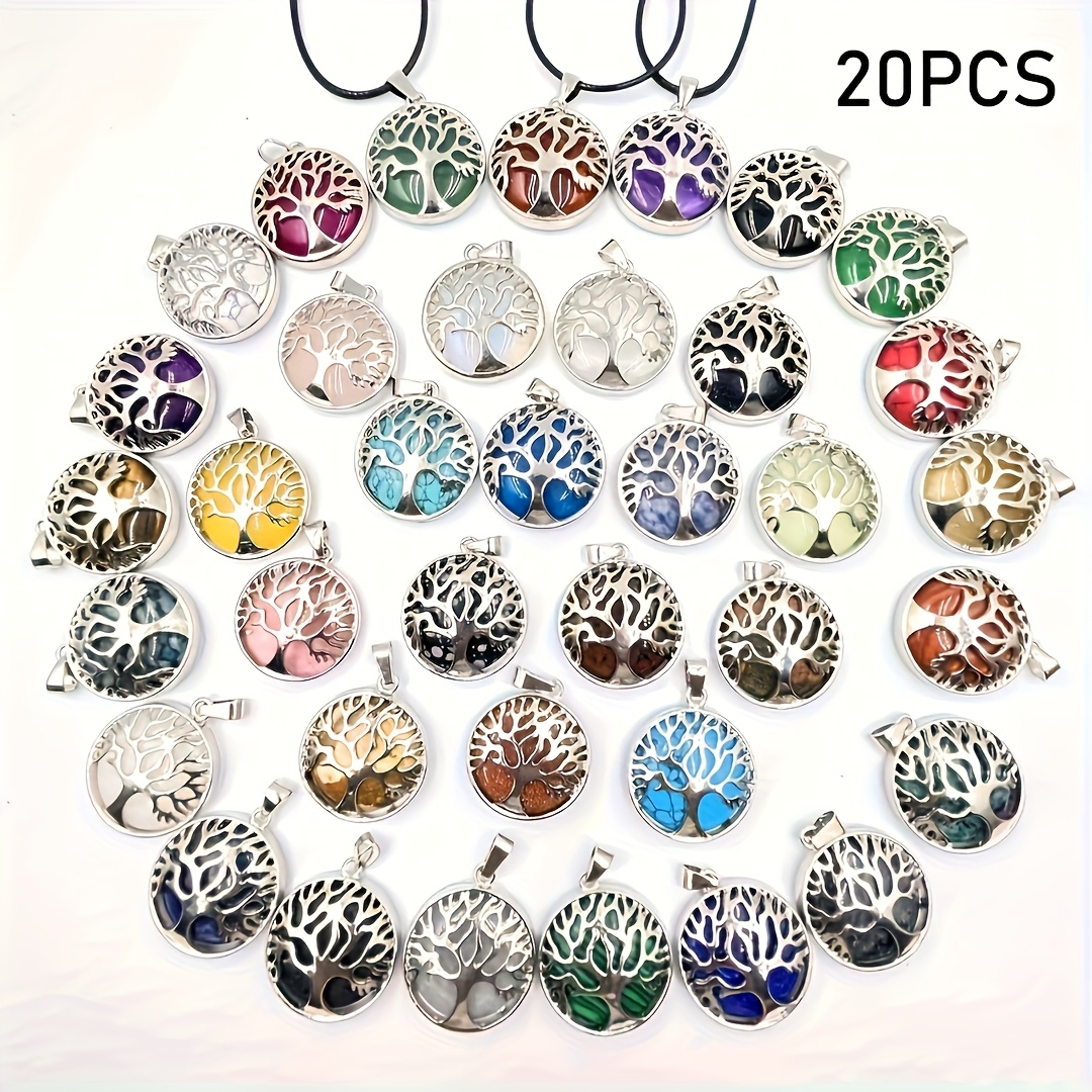 Image of 20pcs Set Of Colorful Tree Of Life Pendant Necklaces, Natural Synthetic Gemstone Jewelry - Colorful Charms