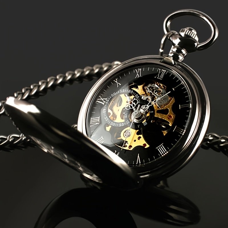 item picture 1pc mens vintage mechanical pocket watch with hollow chain 24 hour manual winding no retro pocket   for everyday use collectors mechanical watch for men