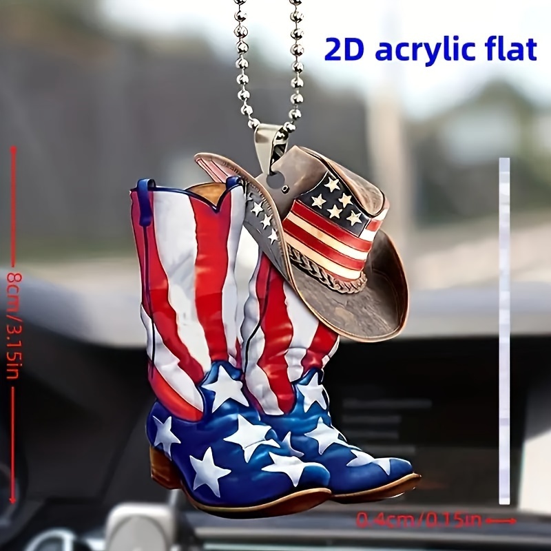 

Festive 2d Acrylic American Flag Cowboy Boots And Hat Keychain - Perfect Gift For And Western Enthusiasts - Car Mirror, Backpack, And Keychain Accessories