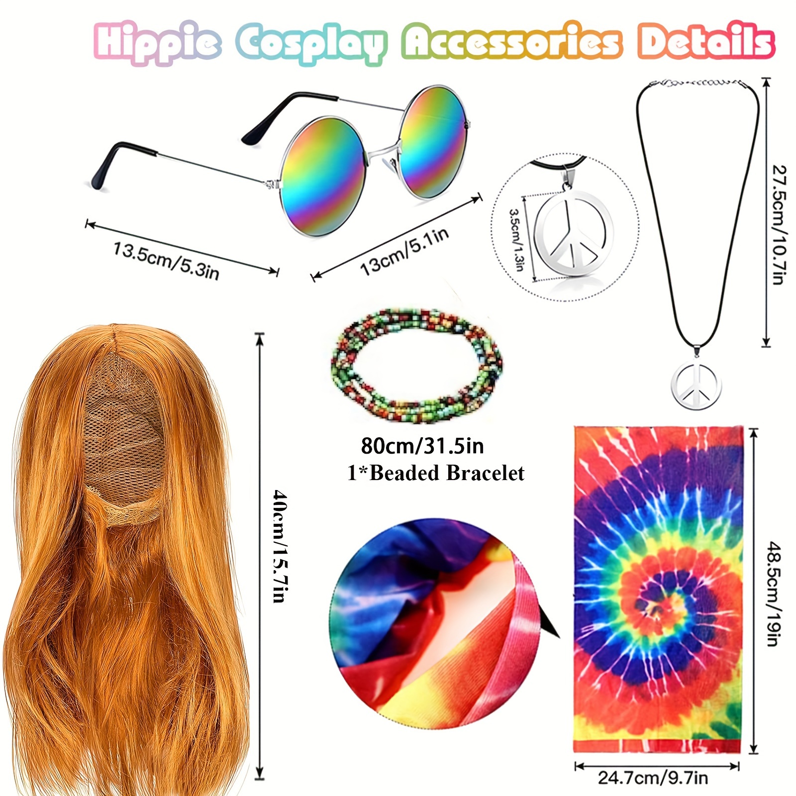 6pcs hippie costume set wig tie dye headband peace sign Temu