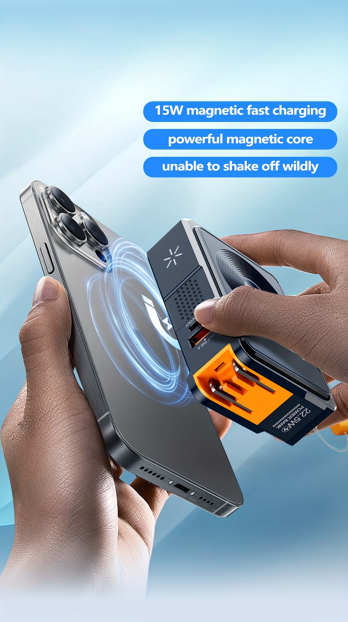 5 in 1 mobile power bank 10000mah battery pack 22 5w fast charging charger built in ac plug built in pd fast charging cable 15w magnetic wireless charging built in bracket suitable for charging watches headphones mobile phones and tablets Product details 3