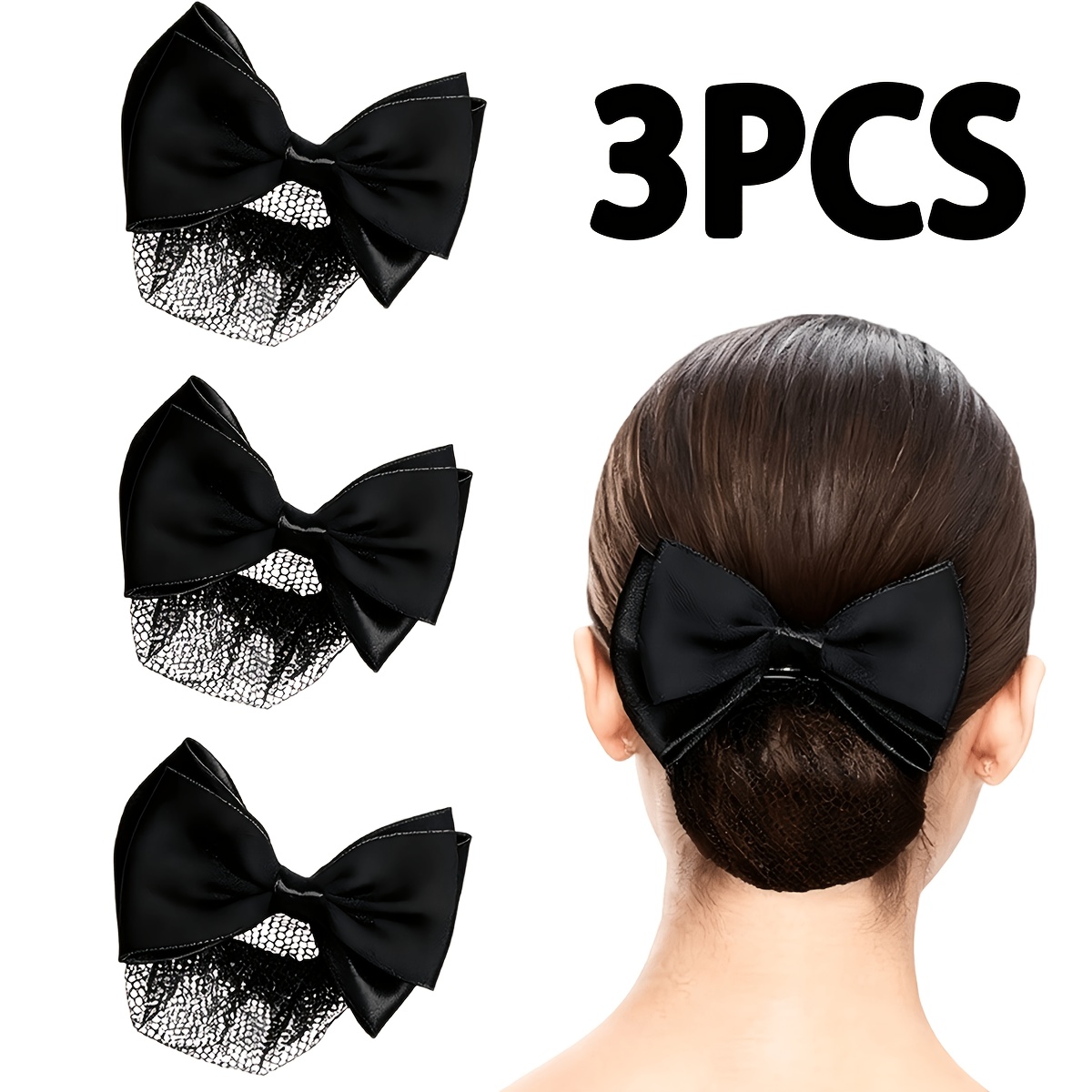 TEMU 3pcs Black Mesh Bow Hair Ties And Hair Nets, Elegant Professional-style Hair Accessories, Designed To A And Capable Vibe. Suitable For Daily