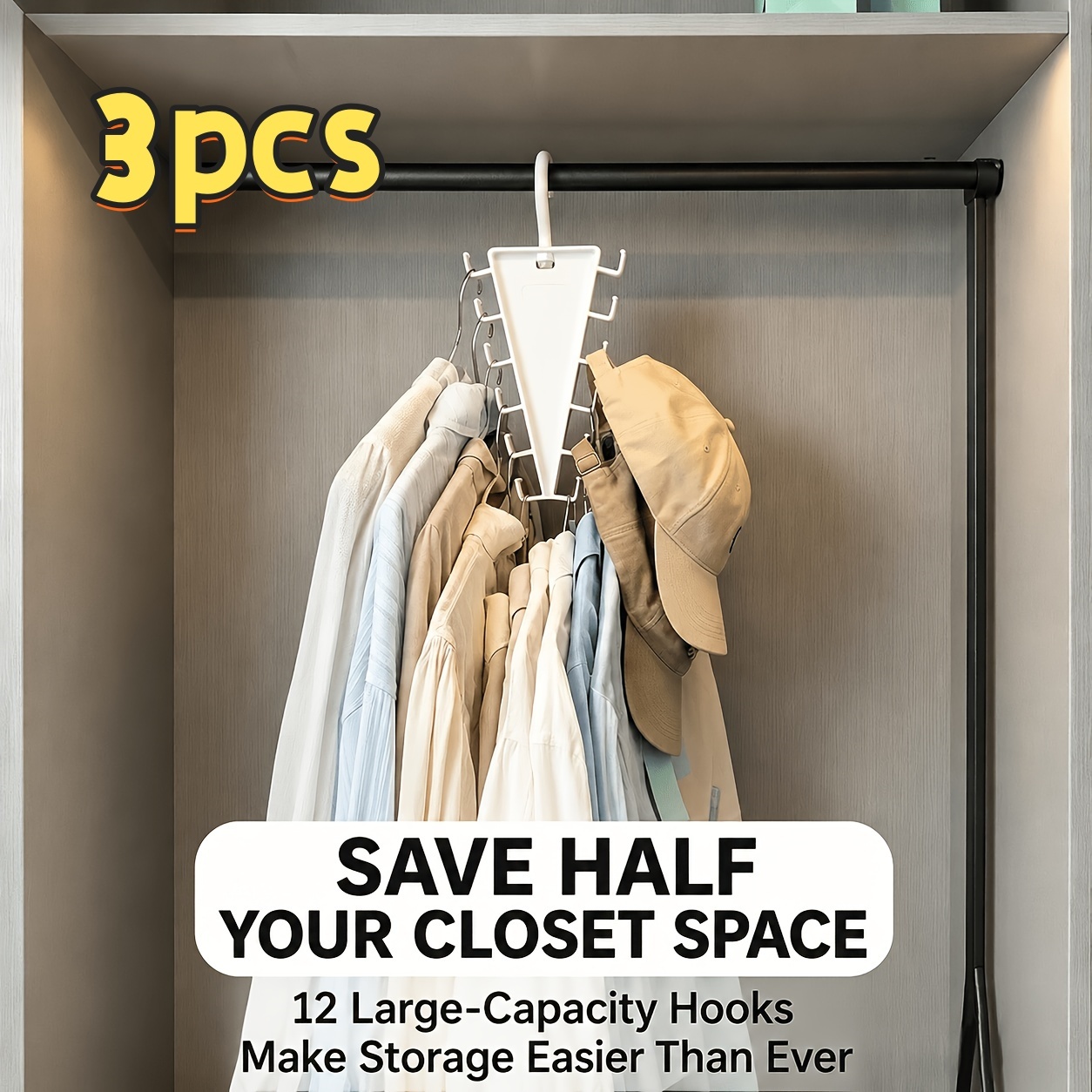 TEMU 3pcs V-shaped Face-to- Organizer Hangers, 12pcs Hooks Large Capacity, 360° Rotatable Space Saving, Suitable For Clothes And Trousers,