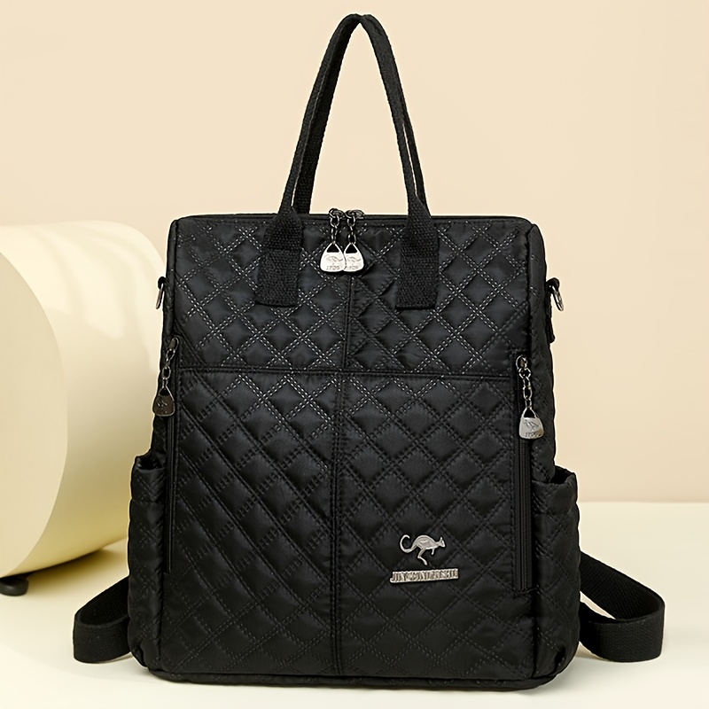 TEMU Elegant Style Women's Fashion Backpack, Large Capacity Nylon Women's Backpack, Quilted Rhombus Design, Convertible To Single-shoulder Crossbody