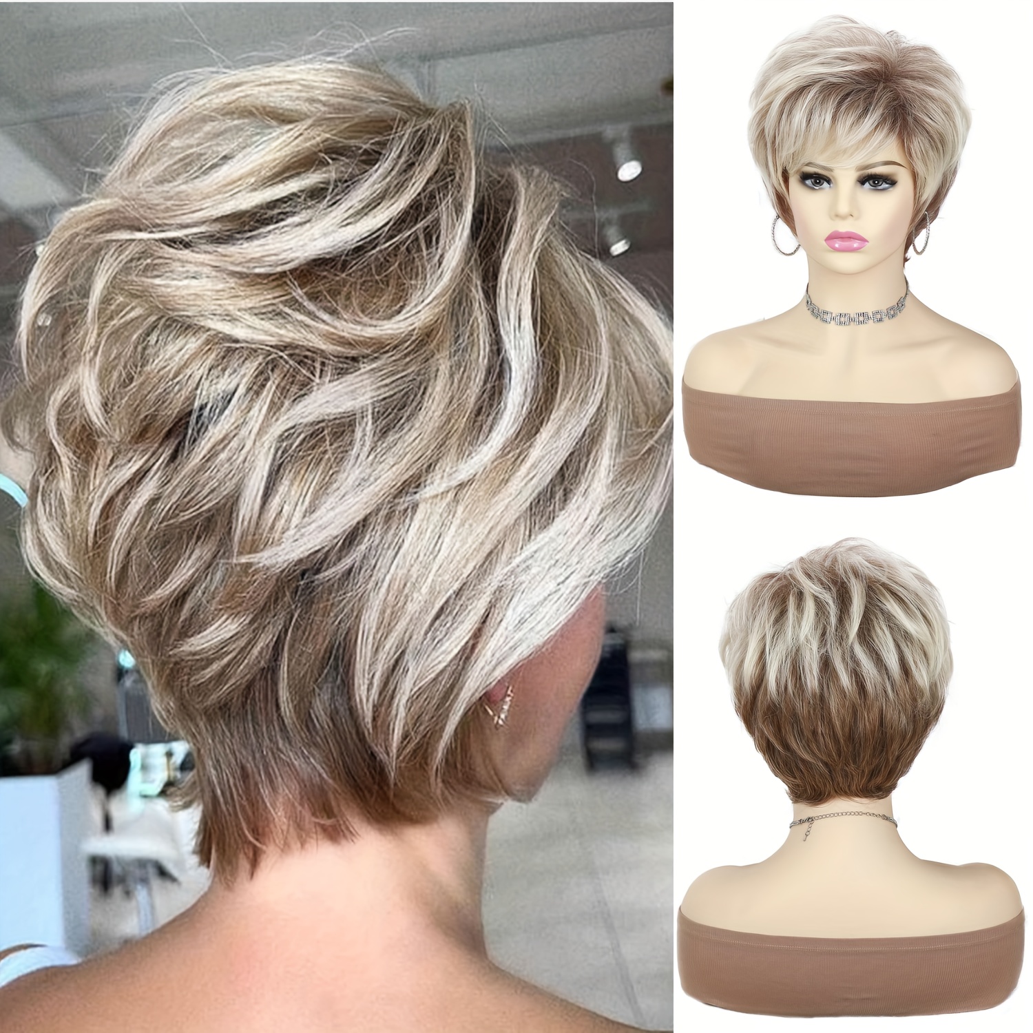 E-shop -Schnitt Perücke Blond, Gestaffelte -Schnitt Perücke Kurz für Frauen mit Pony für den täglichen Gebrauch, Kurze Blonde -Schnitt Perücke mit Pony