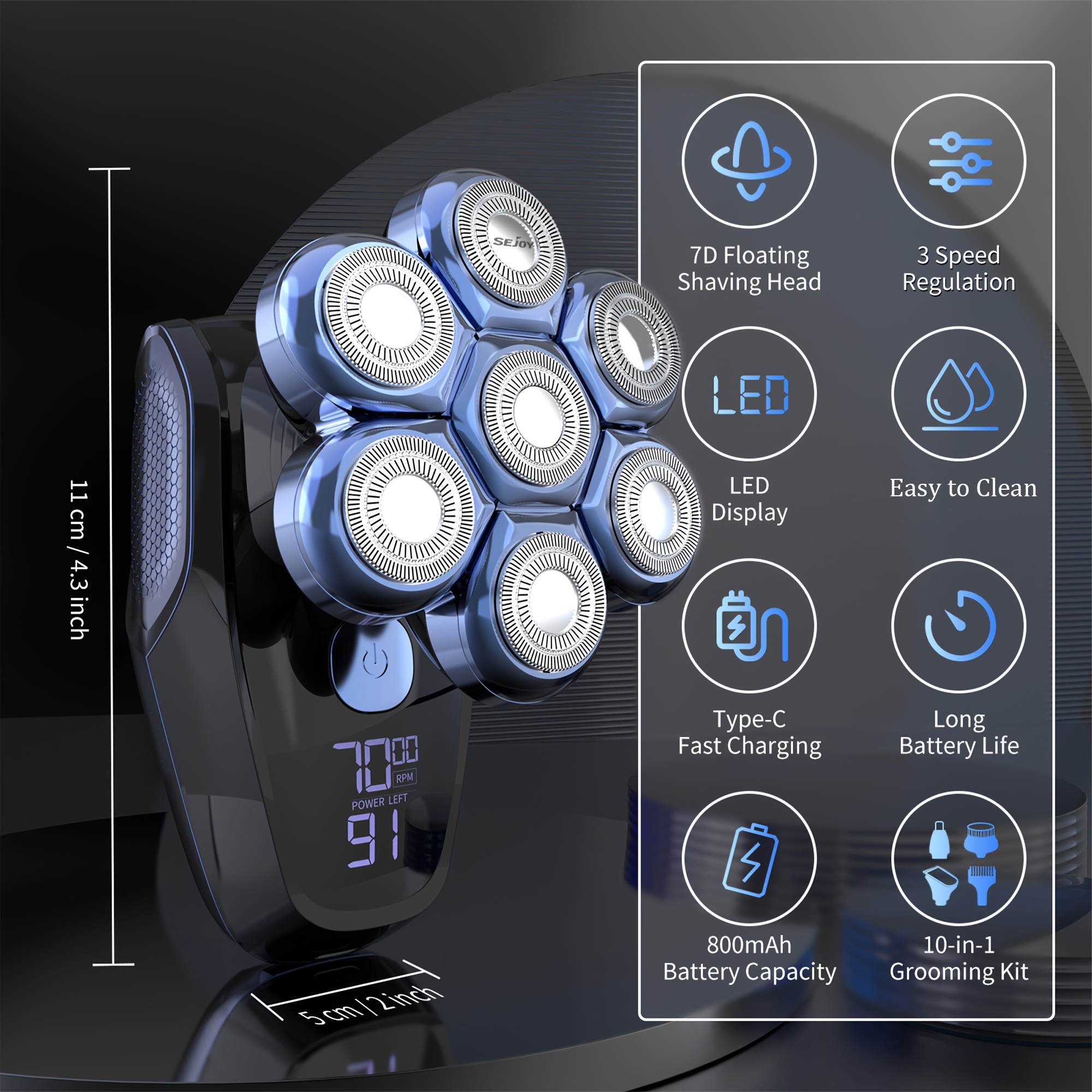 Image of The 7d Multifunctional Shaving Head Features An Upgraded Five-in-one Design That An Shaving Experience. It Has 3 Speed Settings: 6500 Rpm, 7000 Rpm, And 7500 Rpm, And Is Rechargeable