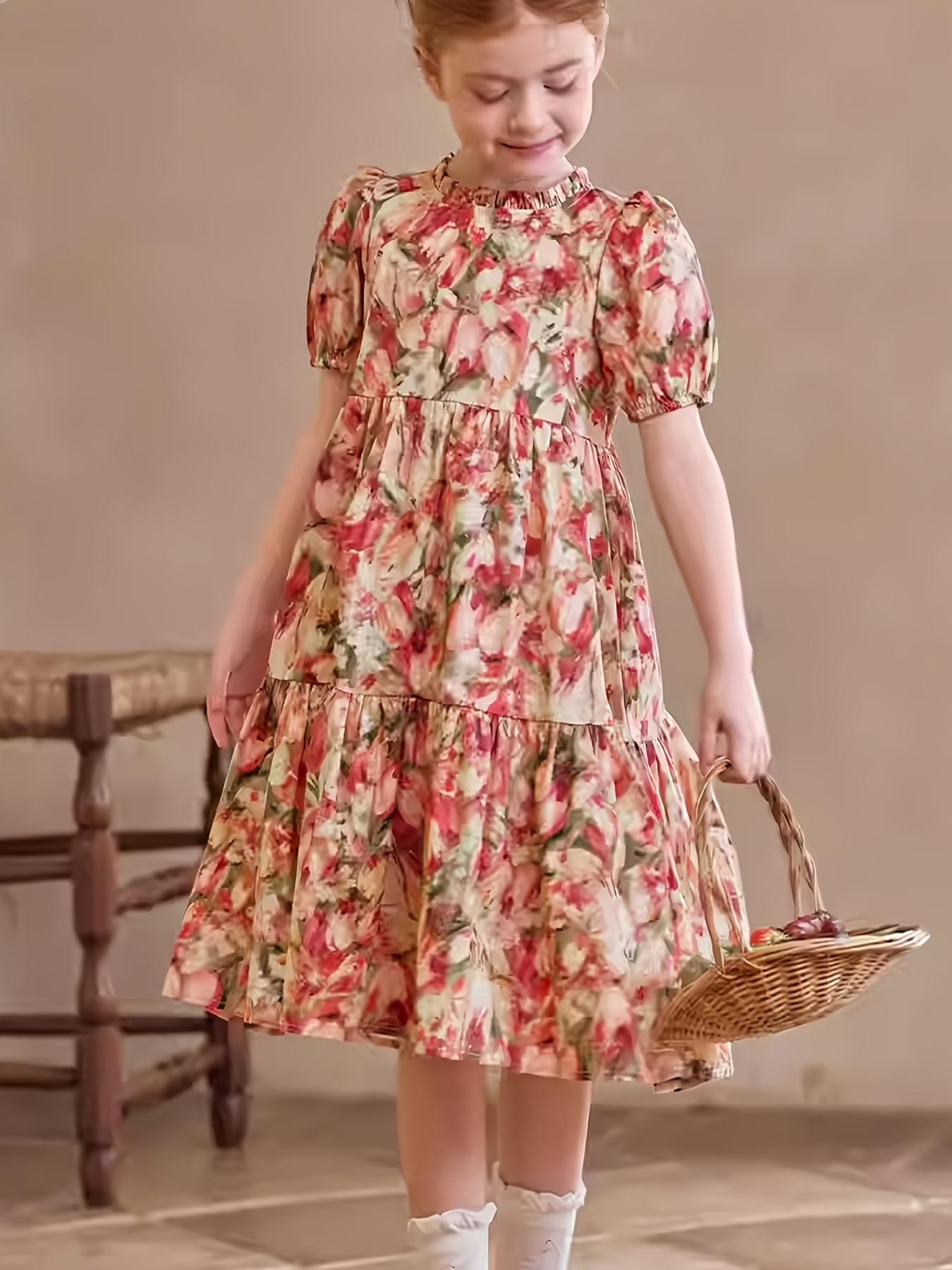 young girl's long brown dress flowers short ruffled sleeves Elodie Bloom Short sleeve SHEIN Tween Girls' Casual Pink