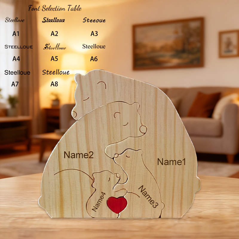 Personalized Wooden Family Bear Figurines, Customizable With Family ' Names, Perfect For Home Decoration, Christmas, Valentine's Day, And Mother's Day. Warm, Cute, And A Great Toy