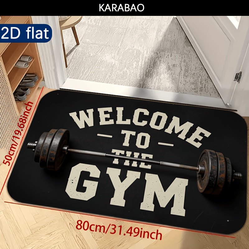 TEMU 2d Flat, 1pc Welcome To Gym Entrance Mat Weightlifting Barbell Pattern, Soft Fleece Material, 1.2cm Thick, 500g/sqm Weight, Machine Washable,